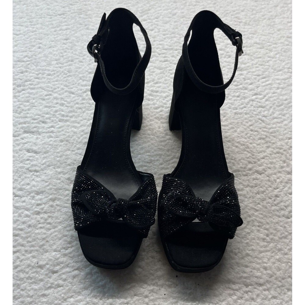 J Crew Heels Womens 8 Black Rhinestone Bow Platform Sandal Cocktail Glam Goth
